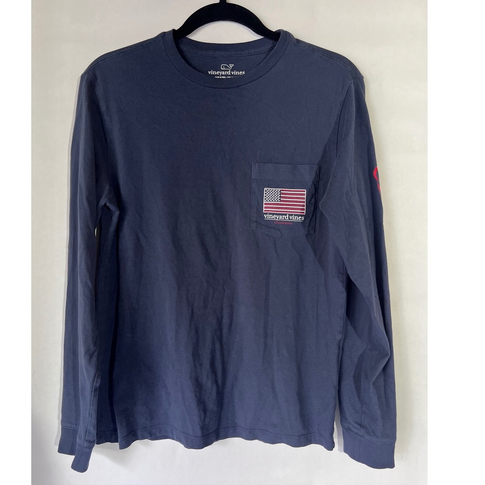 Vineyard Vines Mens XS Navy Blue Charleston American Flag Long Sleeve Pocket Tee